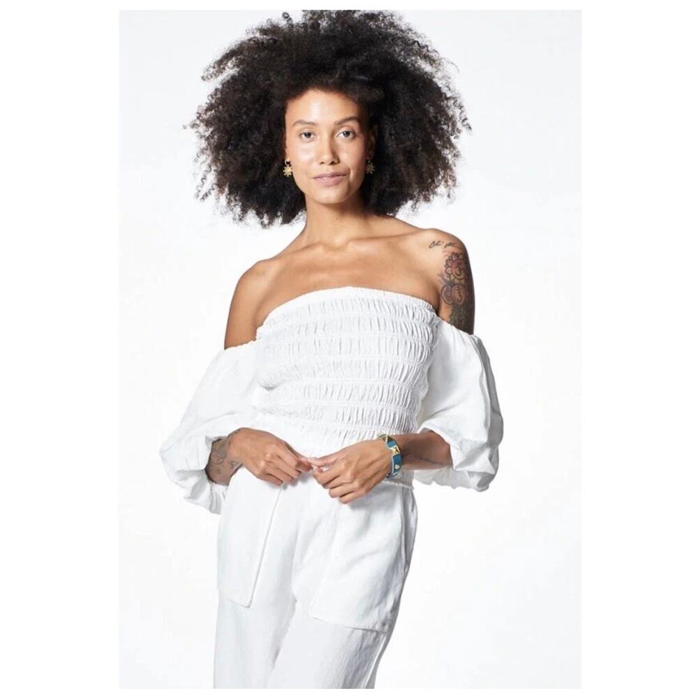 NWT Young Fabulous & Broke Yacht Top Off Shoulder Smocked Puff Sleeve Bone M - Picture 2 of 8